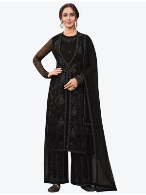 Deep Black Butterfly Net Party Wear Plazzo Suit with Dupatta small FABSL20634