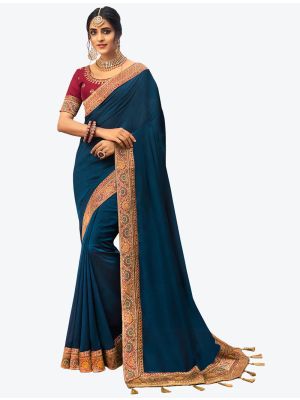 Deep Blue Vichitra Silk Festive Wear Designer Saree small FABSA21279