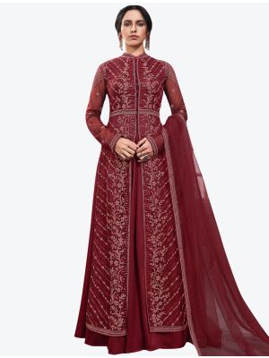 Deep Maroon Butterfly Net Party Wear Floor Length Suit with Dupatta thumbnail FABSL20632