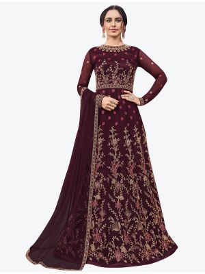 Deep Wine Butterfly Net Party Wear Floor Length Suit with Dupatta small FABSL20627