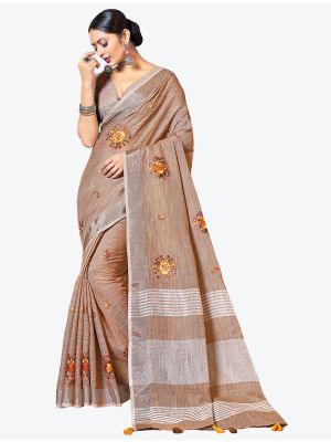 Golden Beige Linen Embroidered Festive Wear Designer Saree small FABSA21289