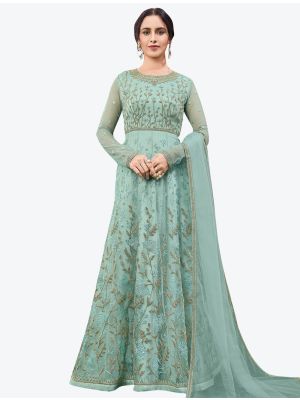 Ice Blue Butterfly Net Party Wear Floor Length Suit with Dupatta thumbnail FABSL20633