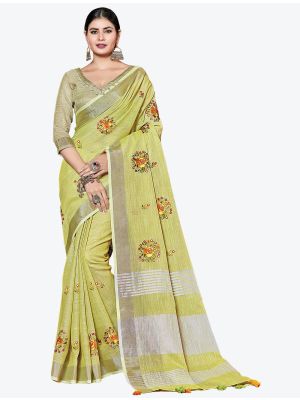 Lemon Yellow Linen Embroidered Festive Wear Designer Saree small FABSA21293