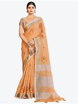 Light Orange Linen Embroidered Festive Wear Designer Saree small FABSA21294