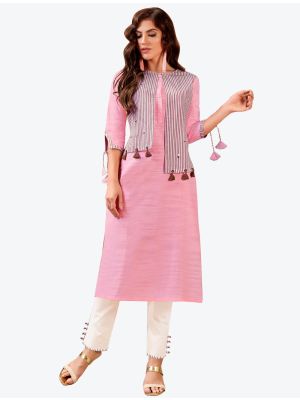 light pink south cotton woven designer kurti with pant and jacket fabku20492