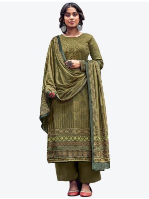 Mehendi Green Soft Pashmina Winter Wear Plazzo Suit with Dupatta small FABSL20622