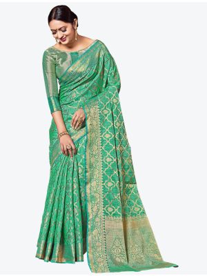 Mint Green Woven Jacquard Work Silk Designer Saree small FABSA21287