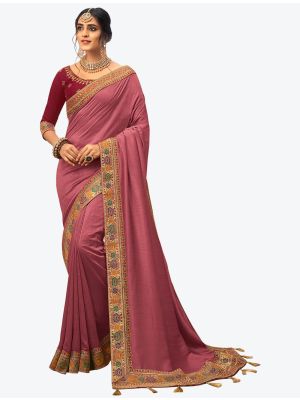 Onion Pink Vichitra Silk Festive Wear Designer Saree small FABSA21275