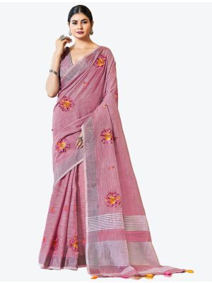 Pinkish Purple Linen Embroidered Festive Wear Designer Saree small FABSA21291