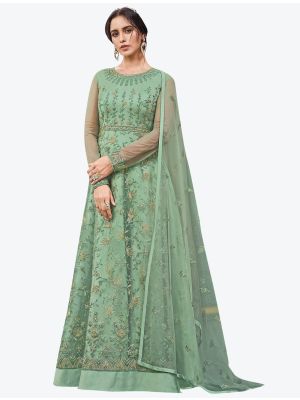Pista Green Butterfly Net Party Wear Floor Length Suit with Dupatta small FABSL20628