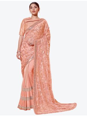 Royal Peach Lycra Heavy Embroidery Work Party Wear Designer Saree FABSA21270