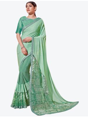 Sea Green Lycra Heavy Embroidery Work Party Wear Designer Saree FABSA21267