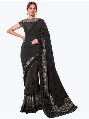 Shining Black Lycra Heavy Embroidery Work Party Wear Designer Saree FABSA21265