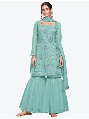 Aqua Blue Butterfly Net Party Wear Designer Sharara Suit with Dupatta small FABSL20648