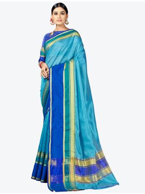 Bright Blue Woven Cotton Silk Festive Wear Designer Saree small FABSA21339
