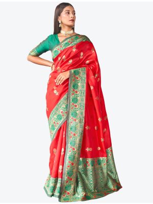 Bright Red Woven Jacquard Kanjivaram Art Silk Festive Wear Designer Saree small FABSA21365