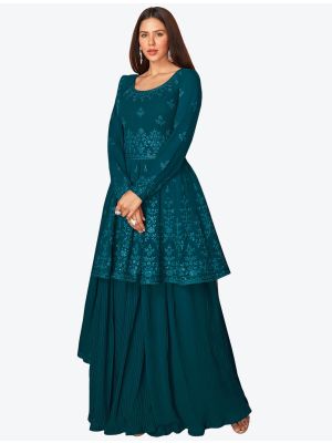 Dark Teal Embroidered Georgette Party Wear Plazzo Suit with Dupatta small FABSL20661