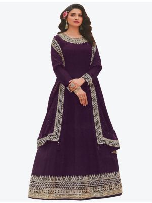 Deep Purple Embroidered Faux Georgette Party Wear Anarkali Floor Length Suit small FABSL20665