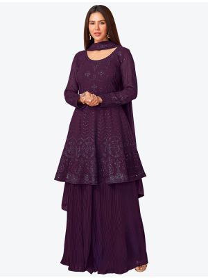 Deep Wine Embroidered Georgette Party Wear Plazzo Suit with Dupatta small FABSL20662