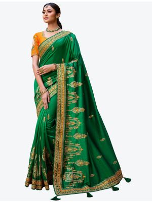 Forest Green Premium Satin Georgette Party Wear Designer Saree small FABSA21322