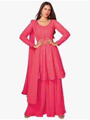 Hot Pink Embroidered Georgette Party Wear Plazzo Suit with Dupatta small FABSL20657