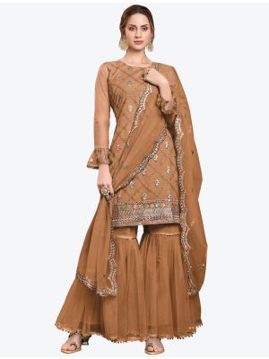 Light Brown Butterfly Net Party Wear Designer Sharara Suit with Dupatta small FABSL20644
