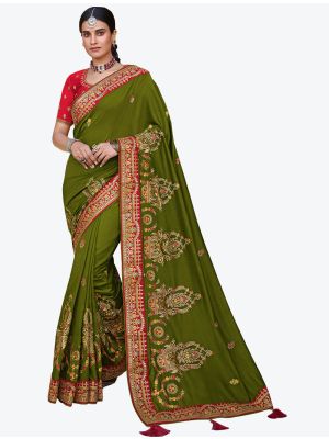 Mehendi Green Premium Satin Georgette Party Wear Designer Saree small FABSA21320