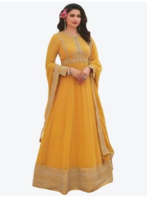 Mustard Yellow Embroidered Faux Georgette Party Wear Anarkali Floor Length Suit small FABSL20666