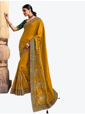 Mustard Yellow Premium Satin Georgette Party Wear Designer Saree small FABSA21314