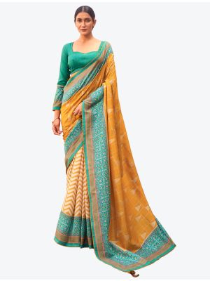 Mustard Yellow Zari Woven Digital Printed Patola Silk Designer Saree small FABSA21380