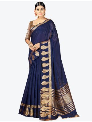 Navy Blue Woven Cotton Silk Festive Wear Designer Saree small FABSA21341
