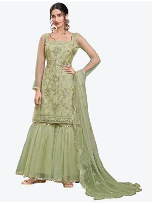 Pastel Green Butterfly Net Party Wear Designer Sharara Suit with Dupatta small FABSL20650