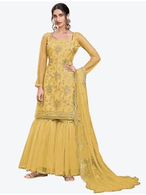 Pastel Yellow Butterfly Net Party Wear Designer Sharara Suit with Dupatta small FABSL20649