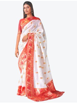 Pearl White Woven Jacquard Kanjivaram Art Silk Festive Wear Designer Saree small FABSA21362