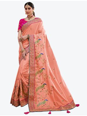 Perfect Peach Premium Satin Georgette Party Wear Designer Saree small FABSA21321