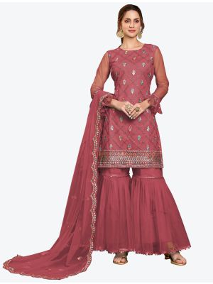 Punch Pink Butterfly Net Party Wear Designer Sharara Suit with Dupatta small FABSL20645