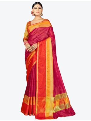 Red Woven Cotton Silk Festive Wear Designer Saree small FABSA21336