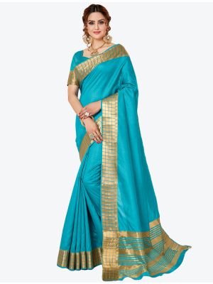 Sea Blue Spun Cotton Festive Wear Designer Saree FABSA21396