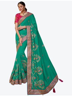Sea Green Premium Satin Georgette Party Wear Designer Saree small FABSA21316