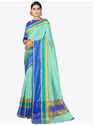 Sea Green Woven Cotton Silk Festive Wear Designer Saree small FABSA21340