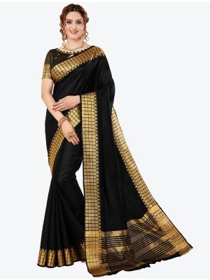 Shiny Black Spun Cotton Festive Wear Designer Saree small FABSA21400