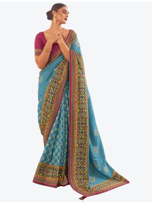 Sky Blue Zari Woven Digital Printed Patola Silk Designer Saree small FABSA21376