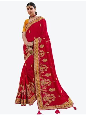 Solid Red Premium Satin Georgette Party Wear Designer Saree FABSA21313