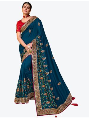 Teal Blue Premium Satin Georgette Party Wear Designer Saree small FABSA21317