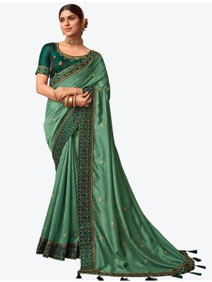 Aqua Green Embroidered Vichitra Silk Party Wear Designer Saree small FABSA21423