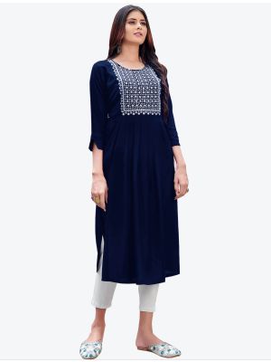 blue fine rayon embroidered casual wear long kurti fabku20511