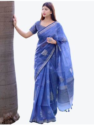 Blue Zari Woven Linen Silk Festive Wear Designer Saree FABSA21417