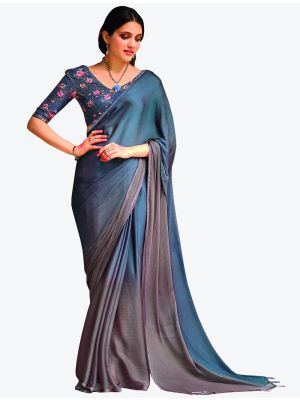 Bluish Grey Velvet Chiffon Party Wear Designer Saree small FABSA21459