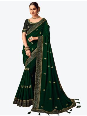 Bottle Green Embroidered Vichitra Silk Party Wear Designer Saree small FABSA21425