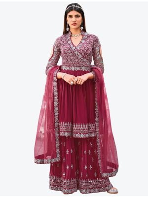Burgundy Embroidered Fine Georgette Party Wear Designer Sharara Suit small FABSL20715